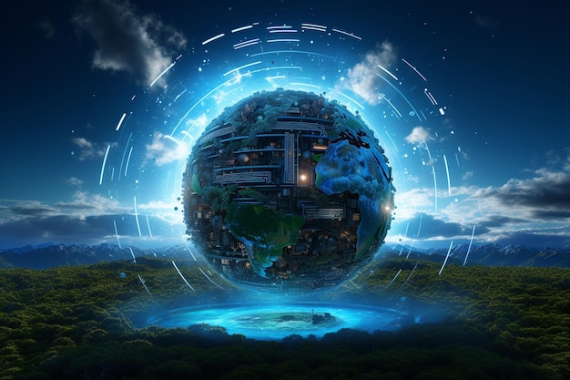 Collage numérique de la Terre entourée d'un halo d'ai génératif