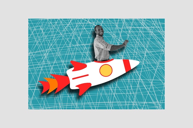 Photo collage d'œuvres d'art d'un homme drôle excité volant une fusée isolée dessin fond stratégie concept de démarrage d'entreprise collage artistique