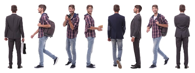 Collage panoramique de jeune homme motivé isolé sur blanc