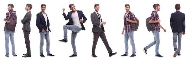 Collage panoramique de jeune homme motivé isolé sur blanc