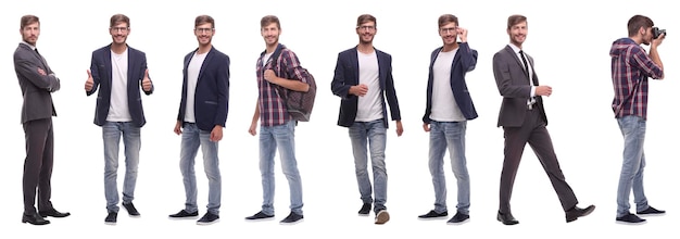 Collage panoramique de jeune homme motivé isolé sur blanc