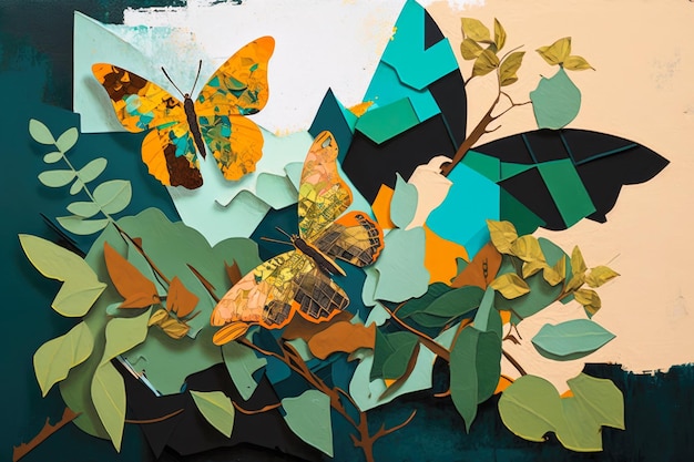 Collage de papier d'art abstrait avec des papillons et des feuilles vertes créé avec générative ai