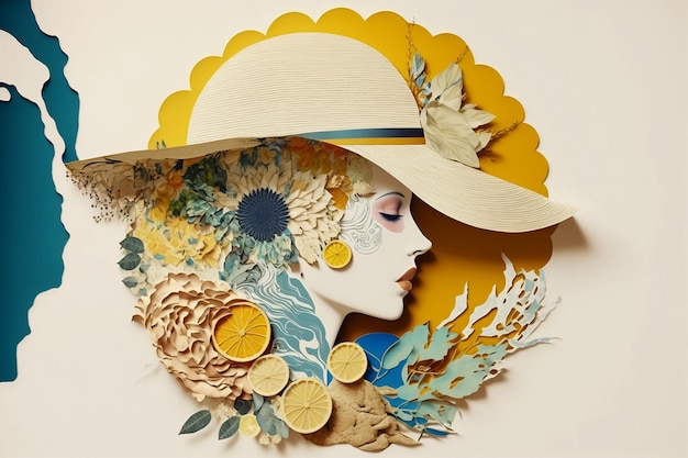 Collage de papier aux couleurs bleues et jaunes avec de belles femmes et fleurs