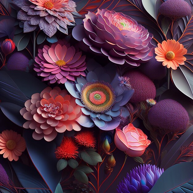Un collage de papier coloré de fleurs et de feuilles