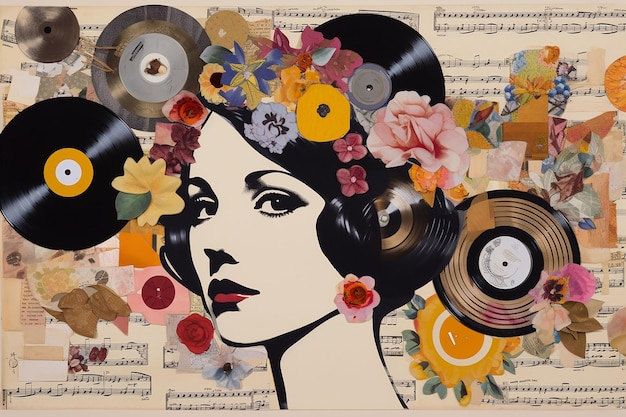 Collage de papier avec une photo d'une femme avec des fleurs sur la tête Style papier collage