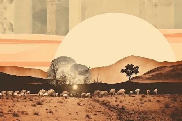 Collage de papier vintage avec style rétro d'impact émotionnel de paysage ancien