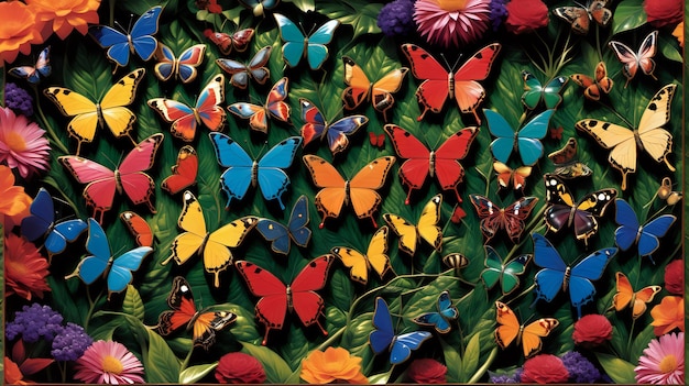 un collage de papillons dans un jardin luxuriant