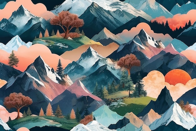 Collage de paysages de montagnes magiques
