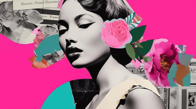 Collage photo d'art moderne sur papier avec un portrait de belles femmes décorées de fleurs