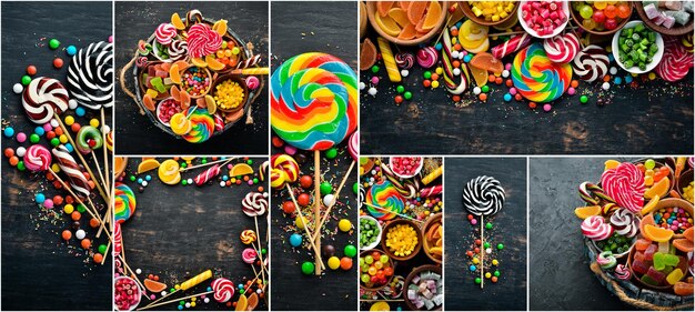 Collage photo bonbons et sucettes Sur fond noir