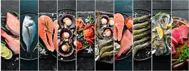 Collage photo Fruits de mer et poisson cru sur fond de pierre noire