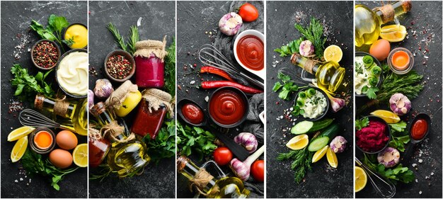 Collage photo de sauces épices et herbes sur fond de pierre noire