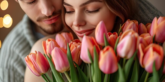 Un collage photo vertical d'un couple romantique se cachant derrière un bouquet de tulipes mettant en valeur leur amour et leur affection éternels, parfait pour un anniversaire sur fond blanc