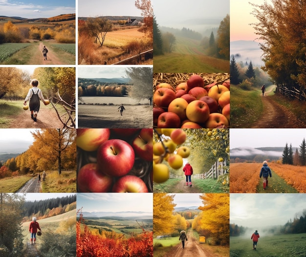 Un collage de photos d'activités d'automne comme la photo de la pomme