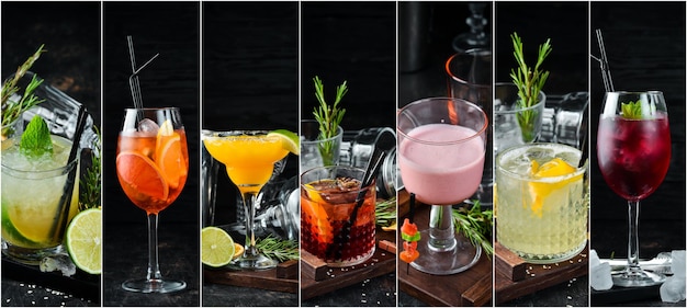 Collage de photos Cocktails et boissons alcoolisées colorées Vue de dessus