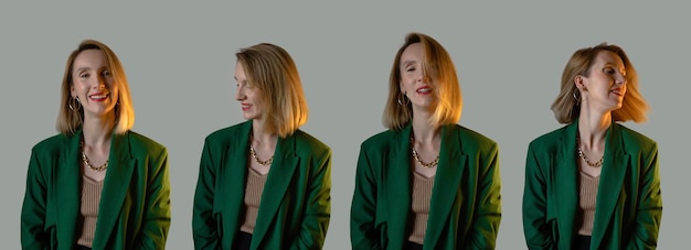 Collage de photos en direct d'une femme souriante avec des cheveux volants