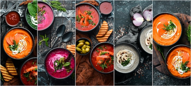Collage de photos Ensemble de soupes Soupes à la crème colorées Vue de dessus