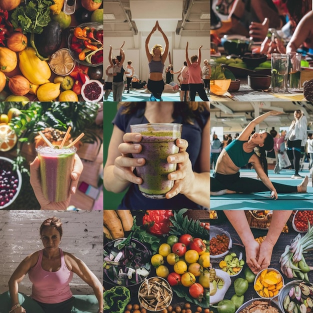 un collage de photos avec une femme tenant une tasse de café et un vélo