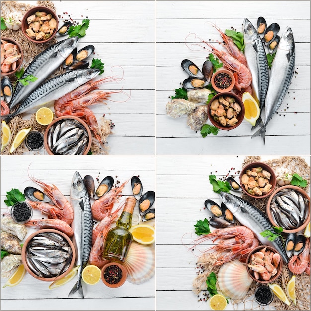 Collage de photos de fruits de mer sur un fond en bois blanc