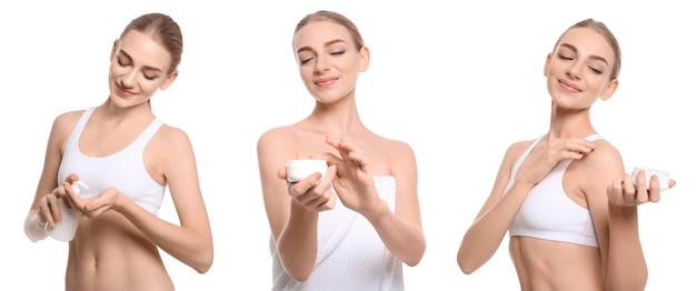 Collage de photos avec une jeune femme appliquant une crème pour le corps sur fond blanc Conception de bannière