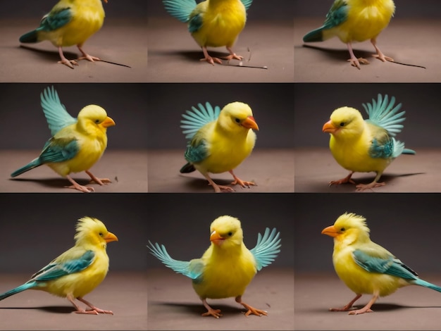 un collage de photos d'un oiseau jaune et bleu avec une queue bleue