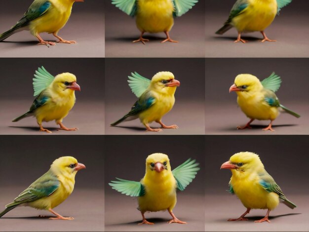 un collage de photos d'un oiseau jaune et bleu avec une queue bleue