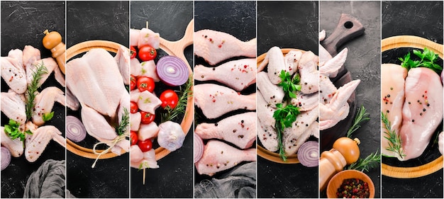 Collage de photos Poulet cru et viande de poulet Vue de dessus