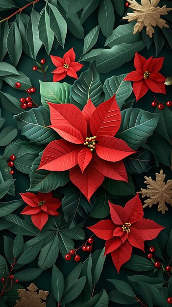 Collage de poinsettias en fleurs dans des nuances festives de rouge et de vert Featuri Posteur de concept d'art numérique