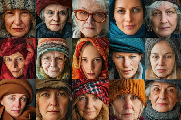 Collage de portraits de femmes de différents âges avec des chapeaux colorés