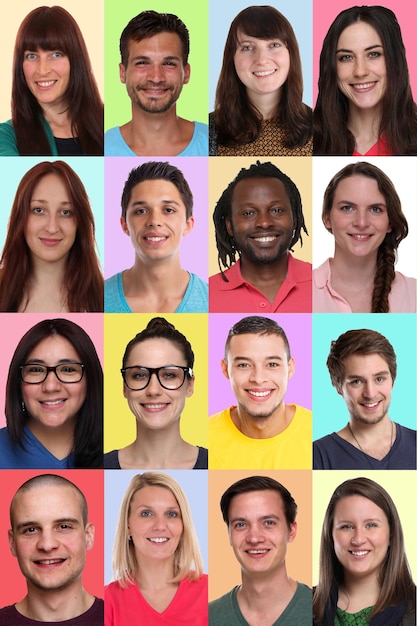 Collage portraits de groupe de jeunes multiculturels multiraciaux souriants format portrait visages d'arrière-plan