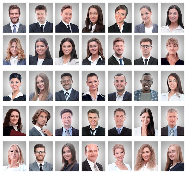 Collage de portraits de jeunes hommes d'affaires prospères isolés sur fond blanc