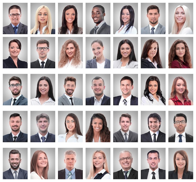 Collage de portraits de jeunes hommes d'affaires prospères isolés sur fond blanc