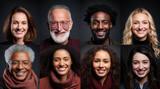 Collage de portraits de personnes multiethniques heureuses devant un fond sombre