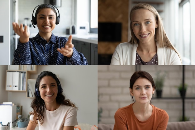 Photo collage de portraits en tête de diverses femmes souriantes ayant un appel vidéo de groupe de joyeuses copines multiraciales parlent lors d'une conférence numérique par webcam collègues féminines engagées dans une réunion en ligne de groupe sur le web