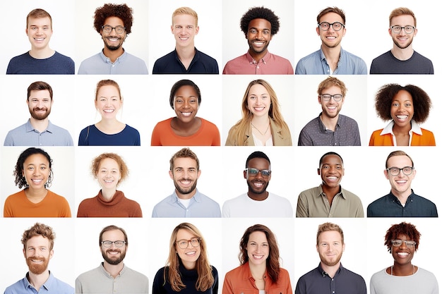 Un collage rationnel de visages de personnes de races différentes, chacune sur un fond blanc.