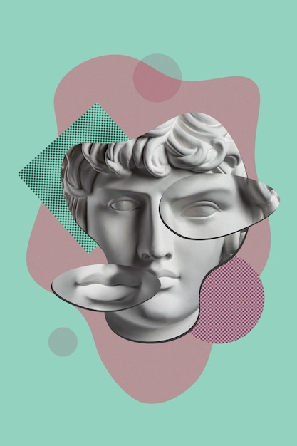 Collage avec sculpture antique en plâtre de visage humain dans un style pop art. Image de concept créatif moderne avec tête de statue ancienne. Culture zine. Affiche d'art contemporain. Minimalisme génial. Conception rétro.
