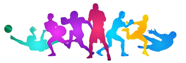 Collage sportif fait de sportifs de dessin avec des couleurs fluides lumineuses isolées sur le mur blanc du studio