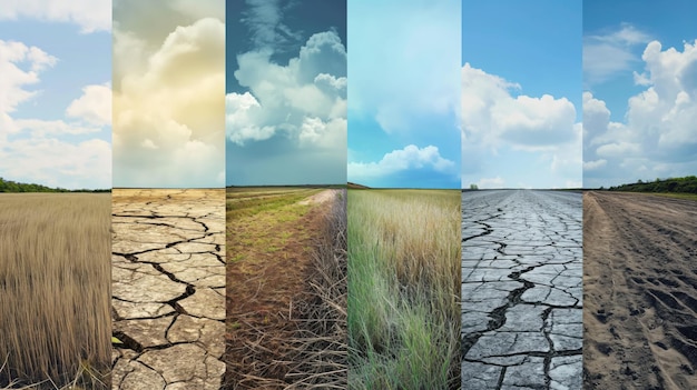 Un collage de terres agricoles craquelées et desséchées illustrant les défis agricoles posés par le changement