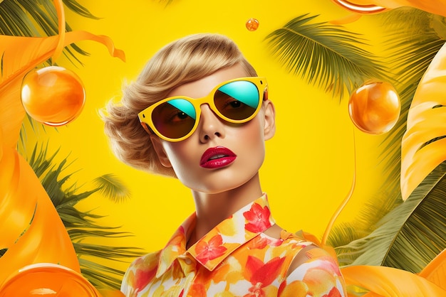 Un collage tropical avec une femme sur fond jaune