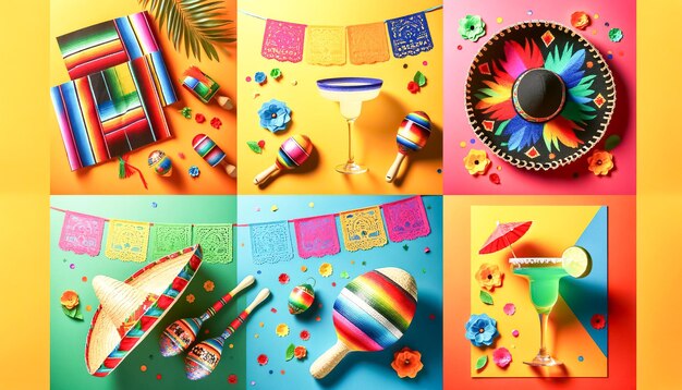 Un collage vibrant de décorations de fêtes mexicaines et de cocktails colorés