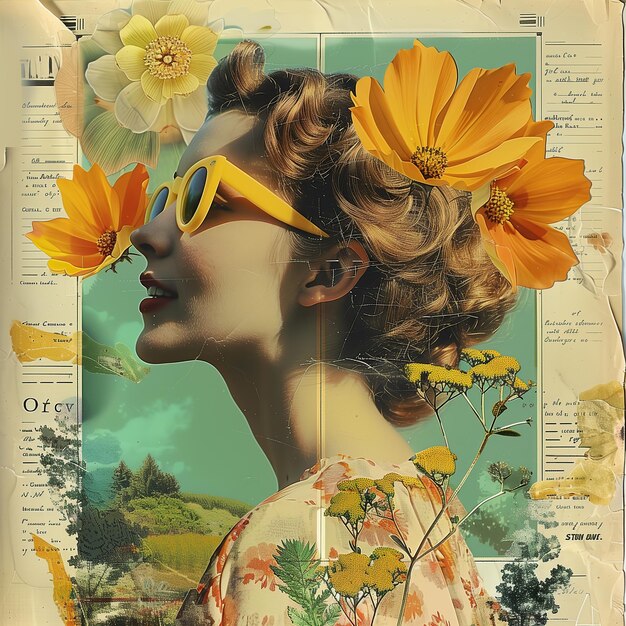 Collage vibrant d'une personne avec des lunettes de soleil jaunes au milieu de fleurs jaunes