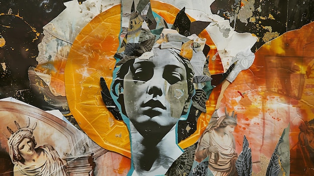 Un collage d'un visage de femme fait de papier déchiré avec un halo doré