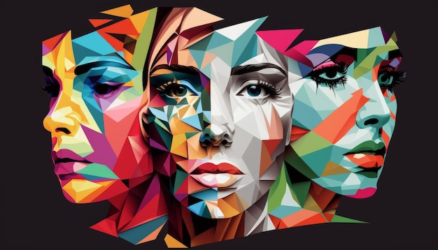 Collage de visage de femmes colorées low poly avec des cubes colorés AI générative
