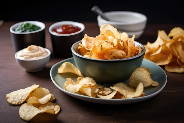 Collation satisfaisante de croustilles croquantes accompagnées d'une trempette onctueuse