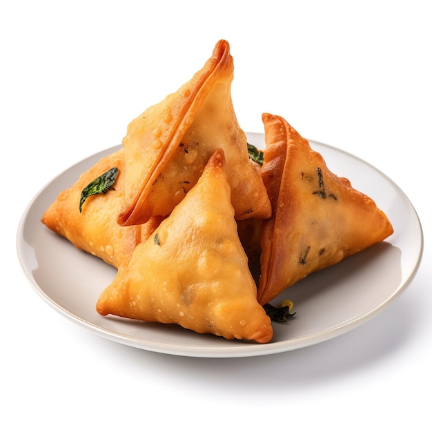 Des collations Samosa de pommes de terre isolées sur fond blanc Ramadan indien alimentaire repas iftar pakistanais