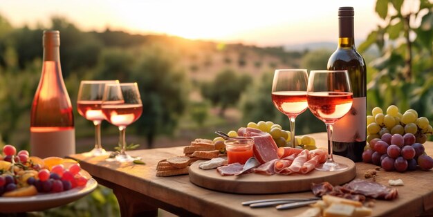 Des collations de vin variées avec du fromage, du pain, des olives, du jambon et des fruits avec une bouteille de vin rose rose et des verres