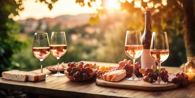 Des collations de vin variées avec du pain au fromage, du jambon et des fruits avec une bouteille de vin rose rose et des verres