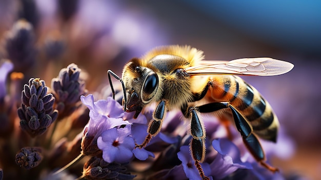 Photo collecte du pollen de la fleur de maïs par les abeilles bleues