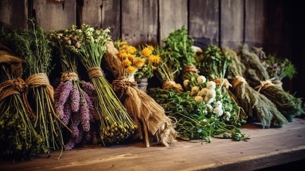 Collecte d'herbes sauvages pour divers traitements médicinaux et alternatifs Arrière-plan de style country rural vintage en bois