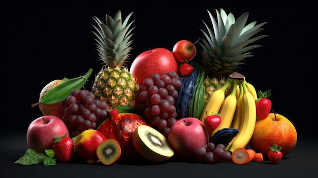 Collection 3D colorée de fruits tropicaux et exotiques générée par l'IA